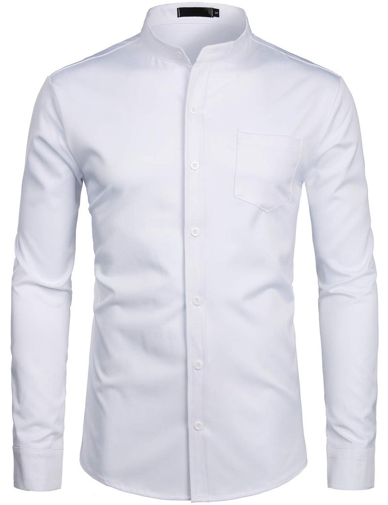 ZEROYAA Men's Banded Collar Slim Fit Long Sleeve Lightweight Casual Button Down Dress Shirts with Pocket ZLCL09 White Large - Image 1